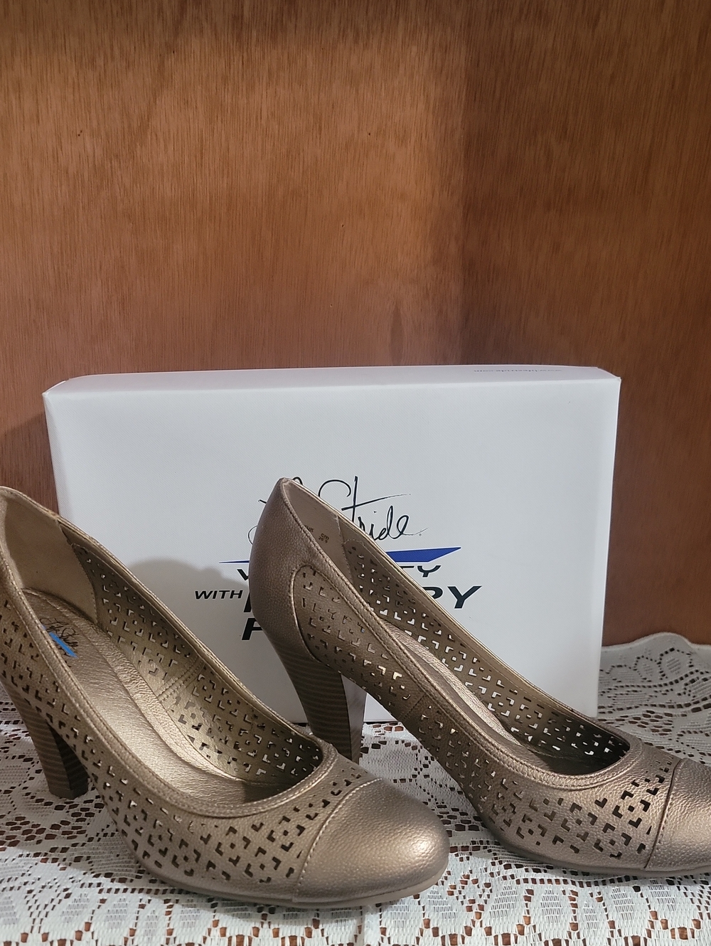 LifeStride Taupe Laser-Cut Mid Heel Pumps